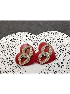 Vtg Earrings Heart Red painted  metal rhinestone lips retro Pop Art Pierced READ
